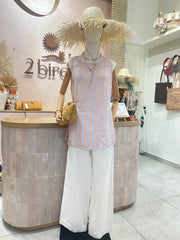 Hazel Top - Blue Stripe Crinkle Linen