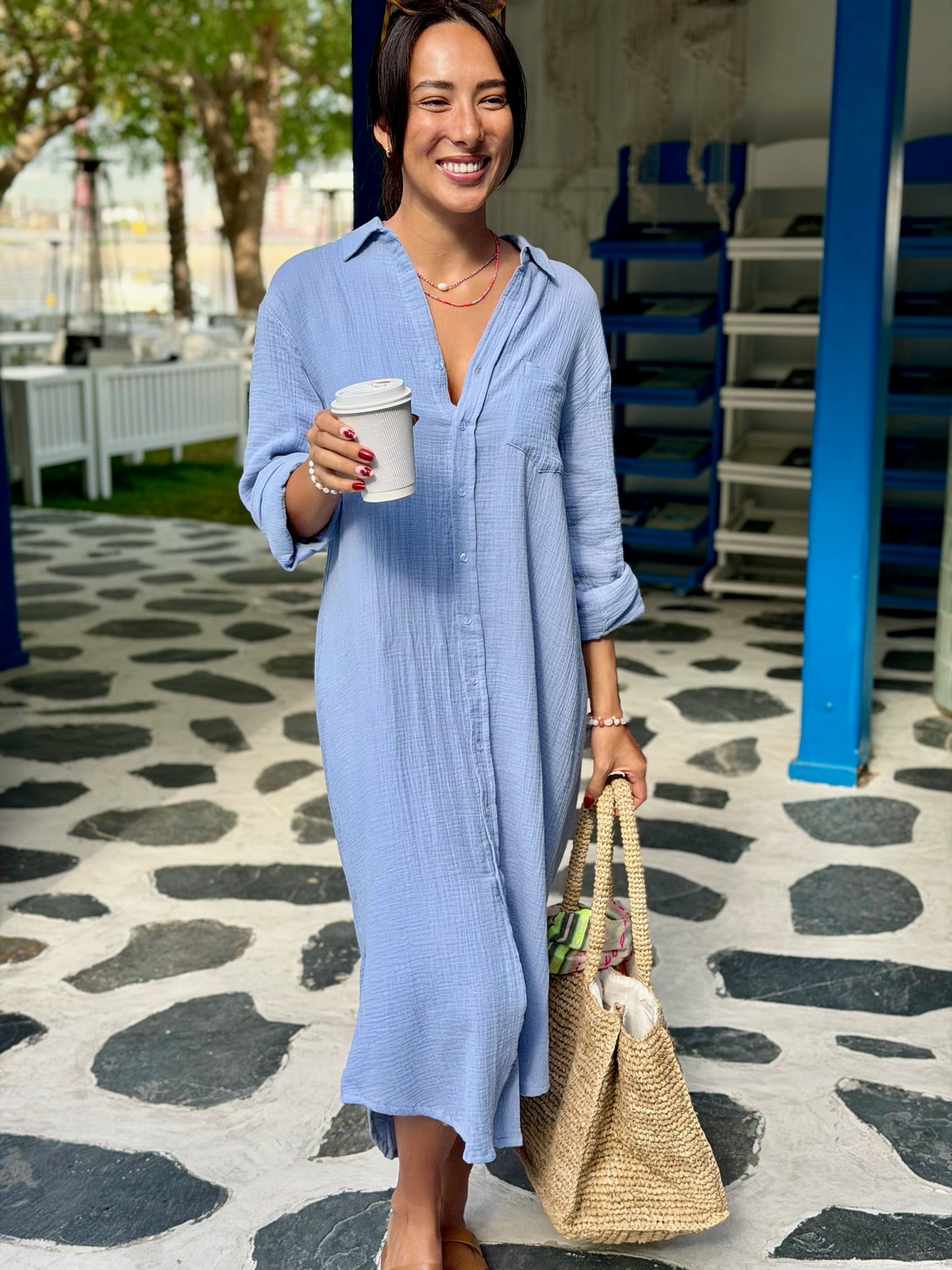Long Sleeve Double Cotton Shirt Dress - Soft Blue