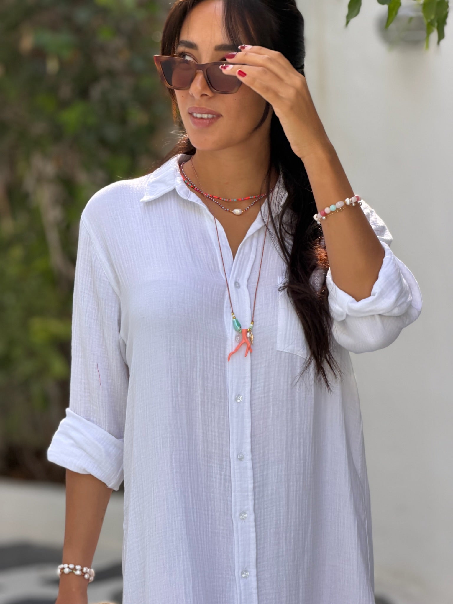 Long Sleeve Double Cotton Shirt Dress - White