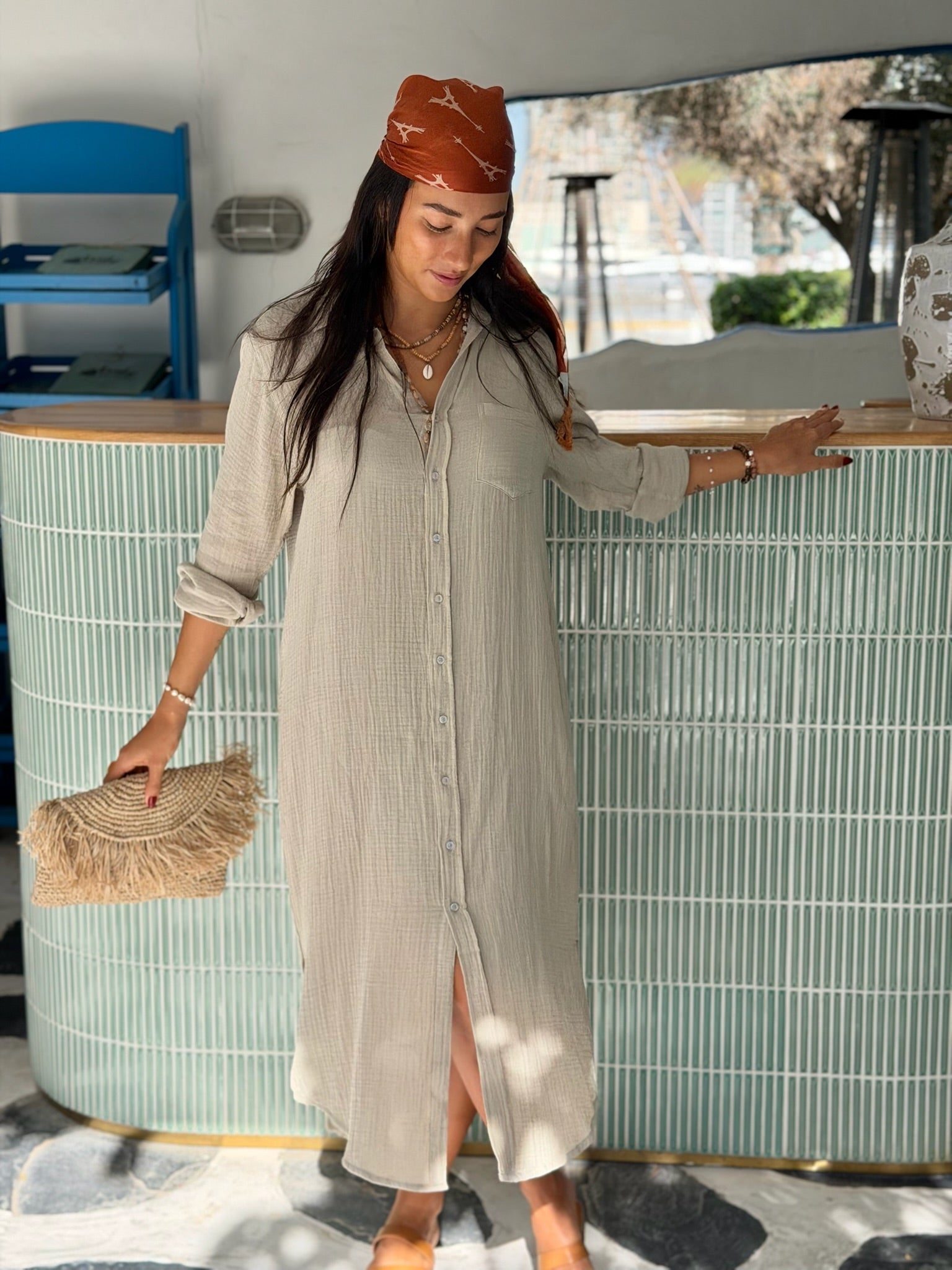 Long Sleeve Double Cotton Shirt Dress - Stone