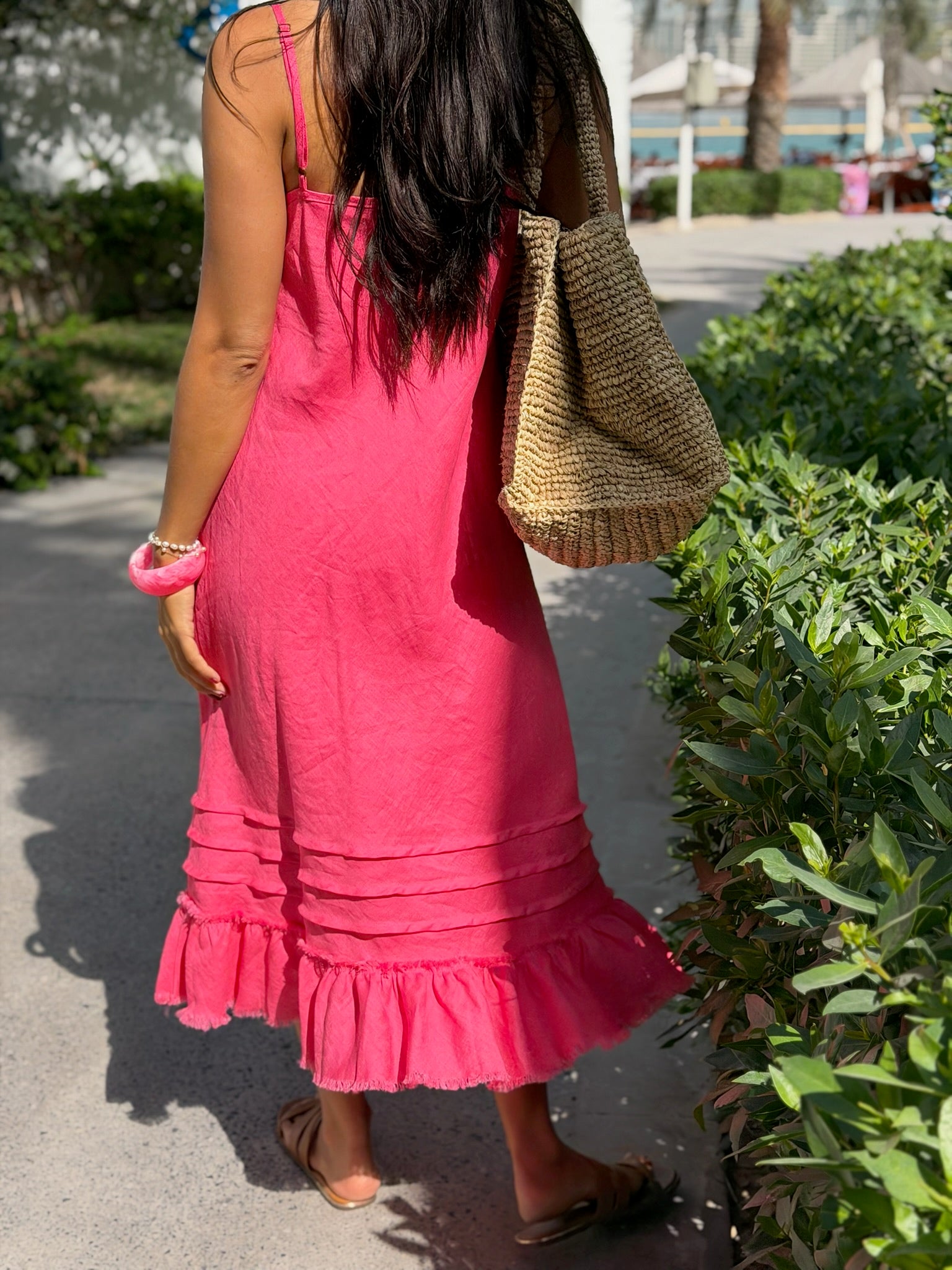 Linen Fray Dress Long - Raspberry