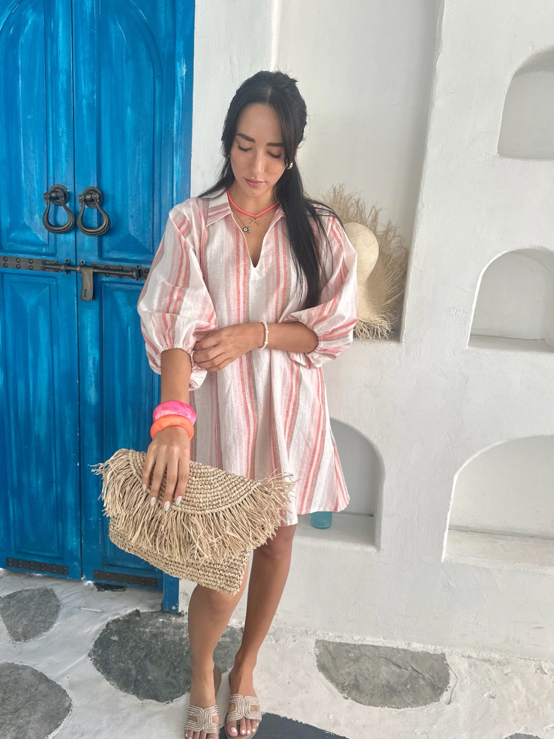 Grace Dress Linen - Peach Stripe