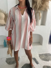 Grace Dress Linen - Peach Stripe