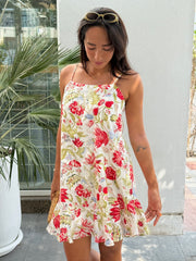 Tilly Dress Cropped Linen - Red Floral