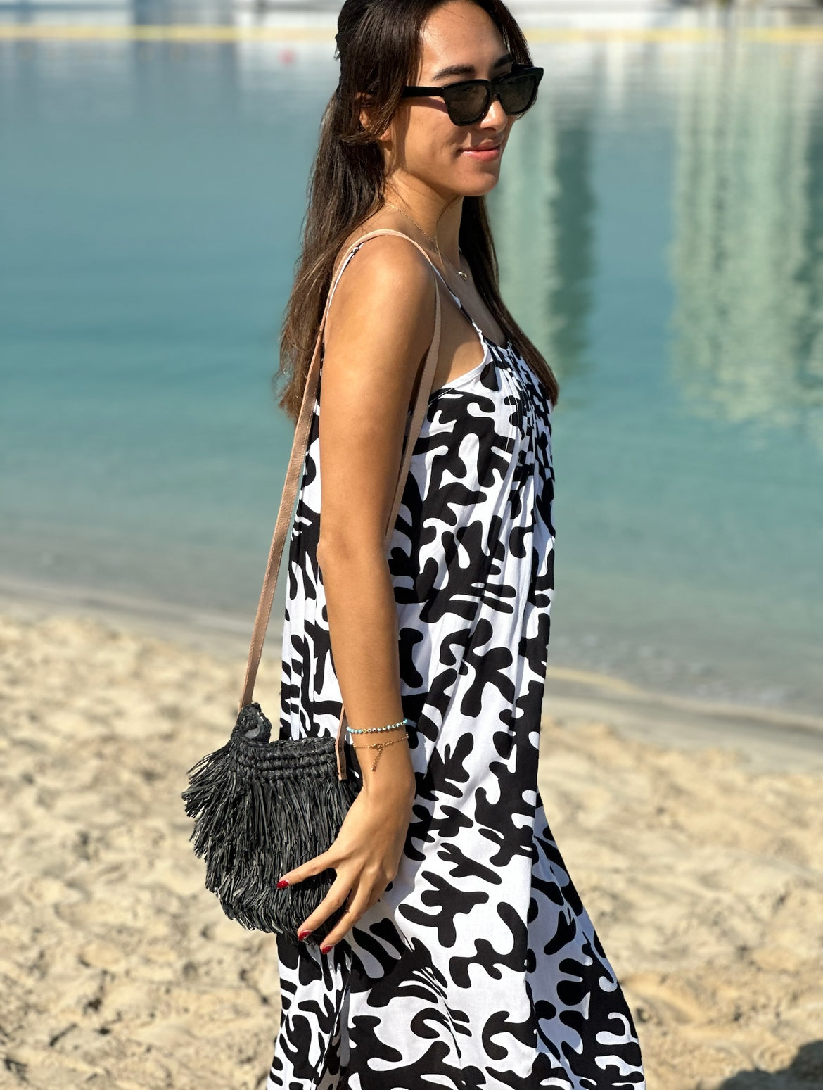 Raffia Fringe Sling Bag - Black
