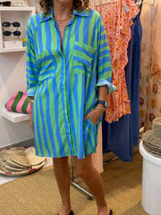 Shirt Dress Cropped - Green and Blue Stripe
