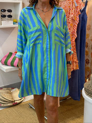 Shirt Dress Cropped - Green and Blue Stripe