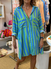 Shirt Dress Cropped - Green and Blue Stripe