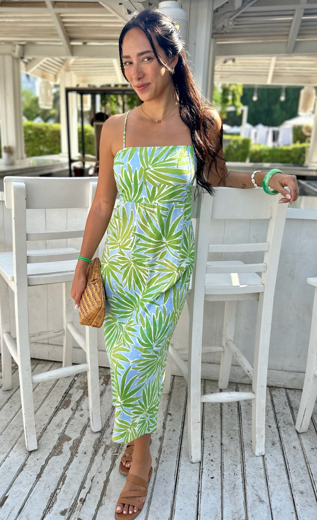Goldie Dress Linen - Green and Blue Palm