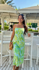 Goldie Dress Linen - Green and Blue Palm