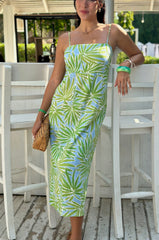 Goldie Dress Linen - Green and Blue Palm