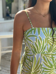 Goldie Dress Linen - Green and Blue Palm