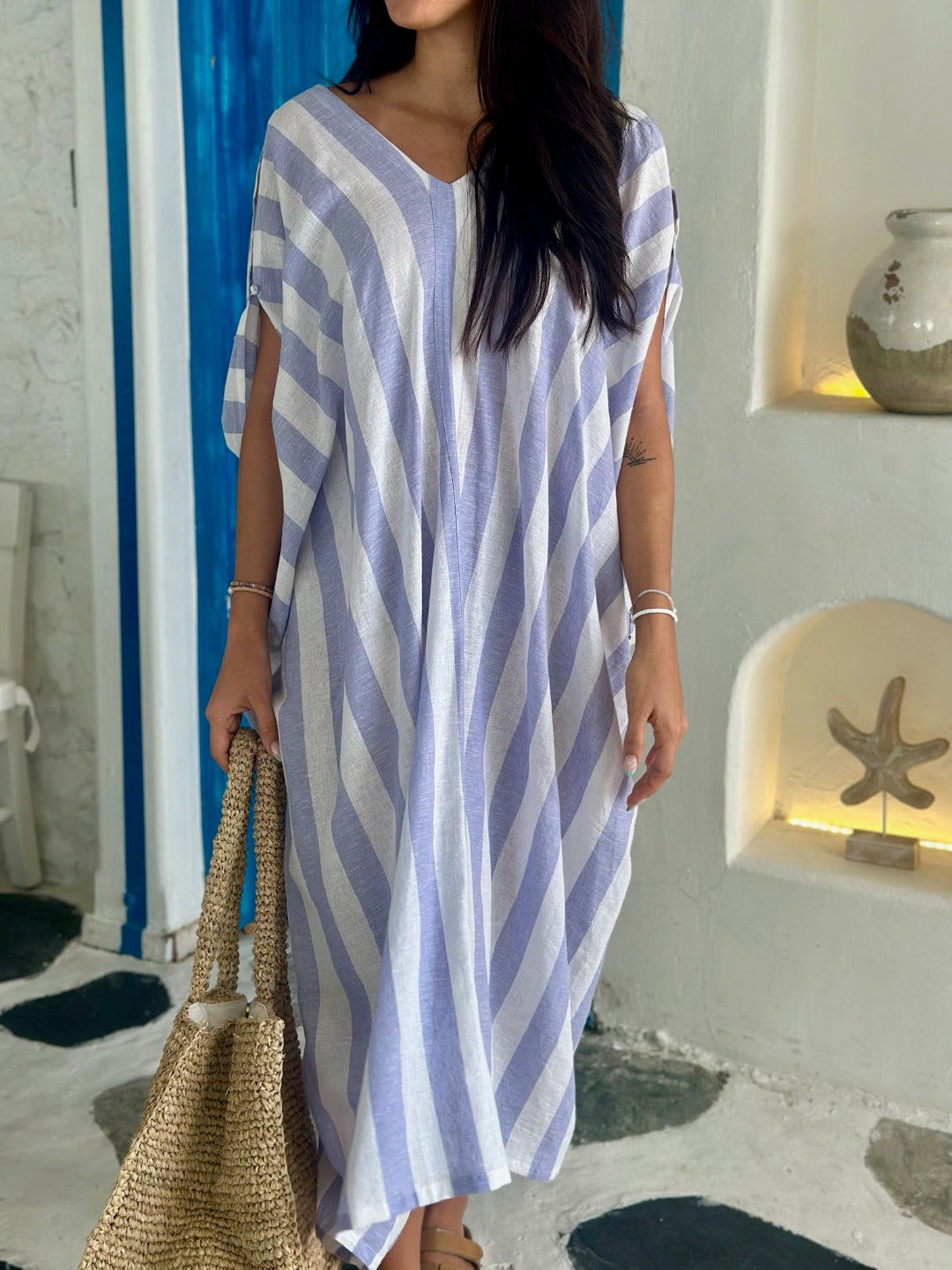 V Neck Kaftan - Blue and White Stripe Linen