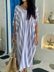 V Neck Kaftan - Blue and White Stripe Linen