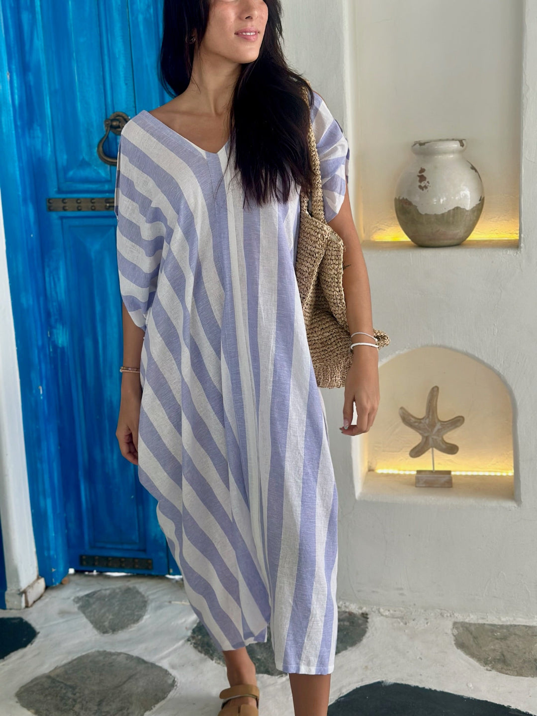 V Neck Kaftan - Blue and White Stripe Linen