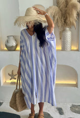 V Neck Kaftan - Blue and White Stripe Linen