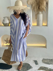 V Neck Kaftan - Blue and White Stripe Linen