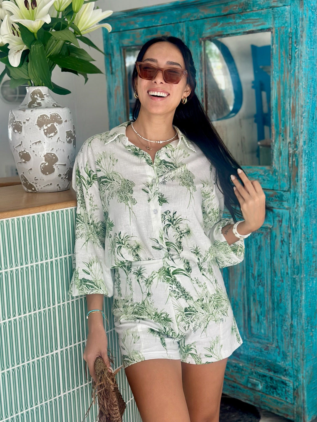 Margot Set Linen - White Botanical
