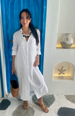 Long Sleeve Linen Shirt Dress - White
