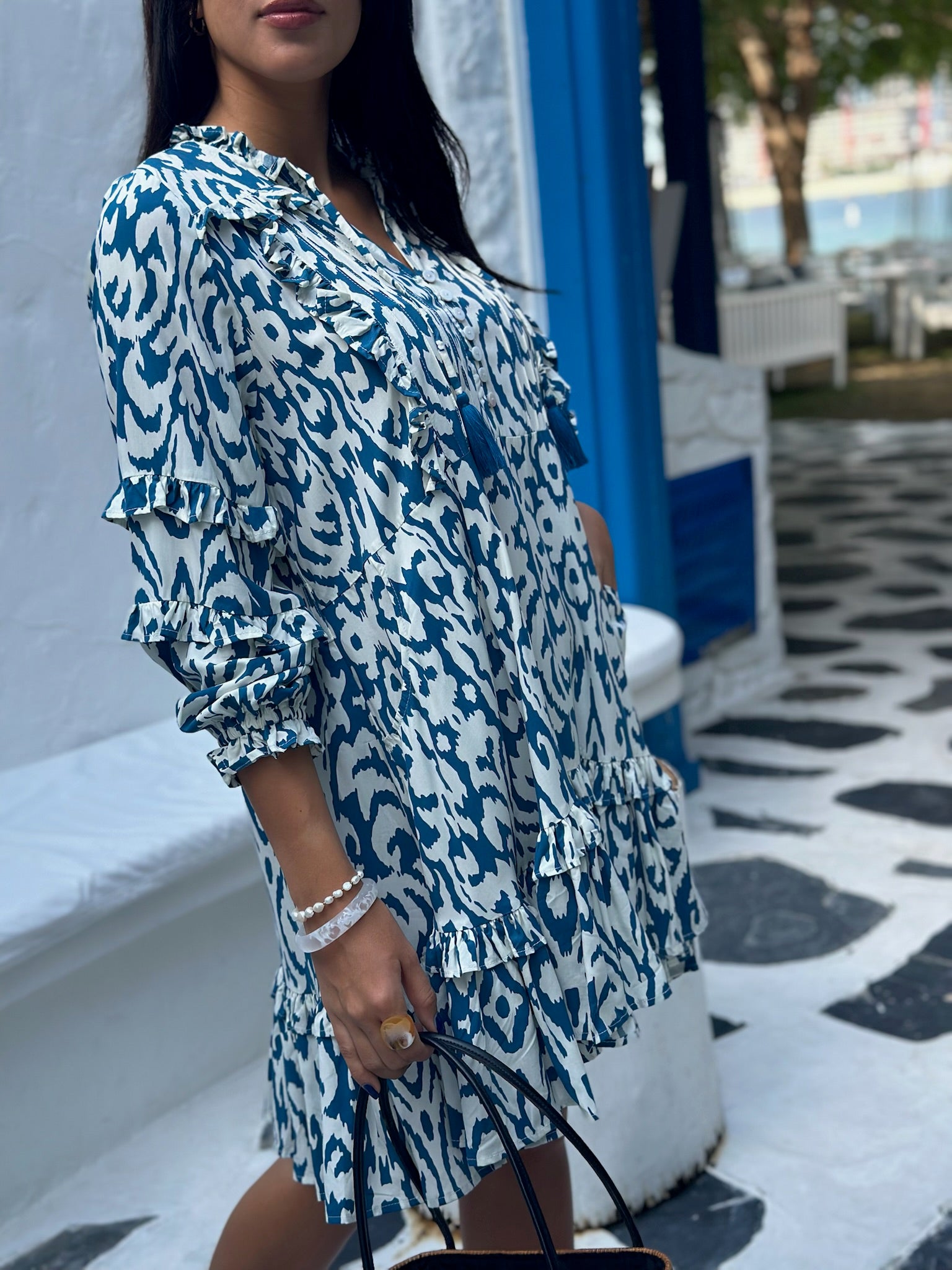 Gigi Dress Rayon - Teal Blue Ikat