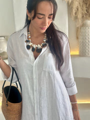 Long Sleeve Linen Shirt Dress - White