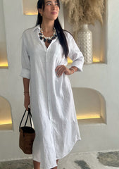 Long Sleeve Linen Shirt Dress - White