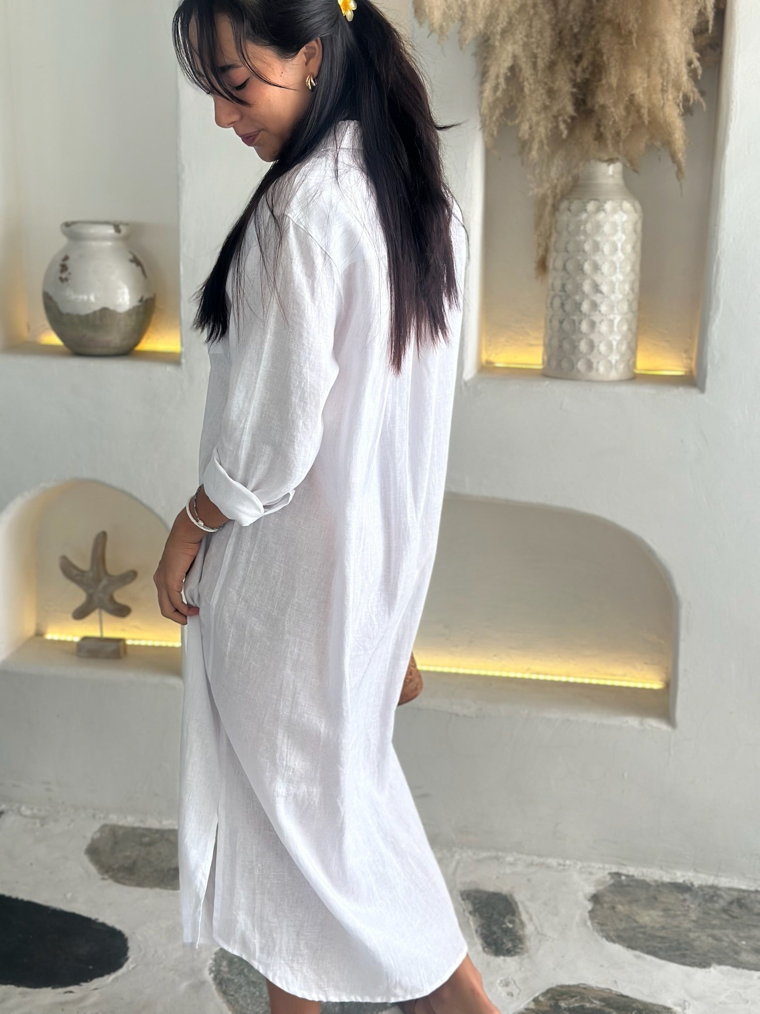 Long Sleeve Linen Shirt Dress - White