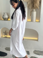Long Sleeve Linen Shirt Dress - White