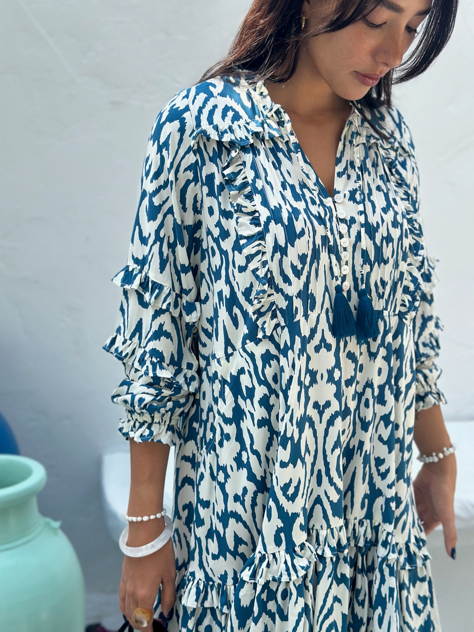 Gigi Dress Rayon - Teal Blue Ikat