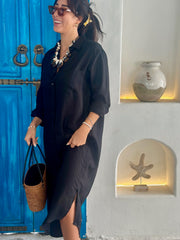 Long Sleeve Linen Shirt Dress - Black