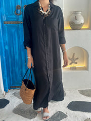 Long Sleeve Linen Shirt Dress - Black