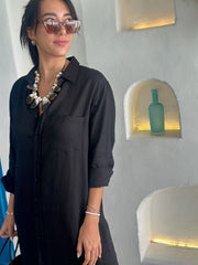 Long Sleeve Linen Shirt Dress - Black