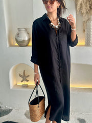 Long Sleeve Linen Shirt Dress - Black