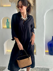 Long Sleeve Linen Shirt Dress - Black