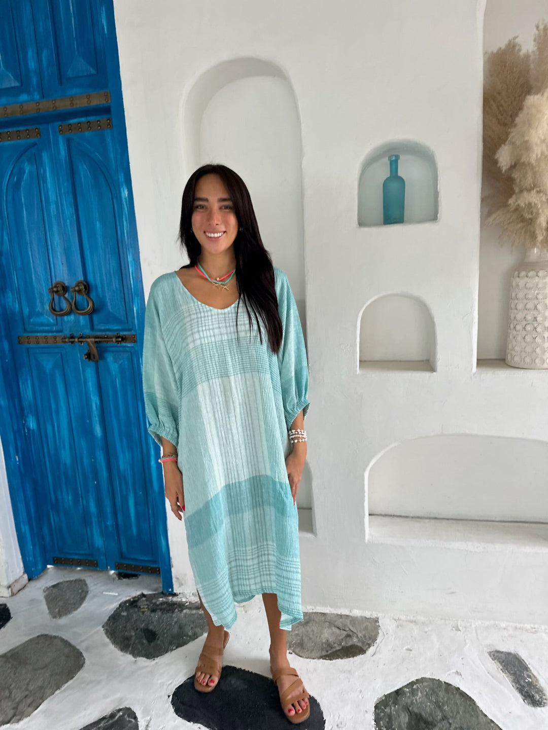 Lola Kaftan Linen - Sea Green Check