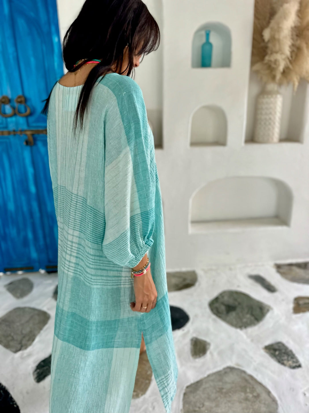 Lola Kaftan Linen - Sea Green Check