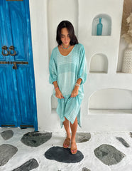 Lola Kaftan Linen - Sea Green Check