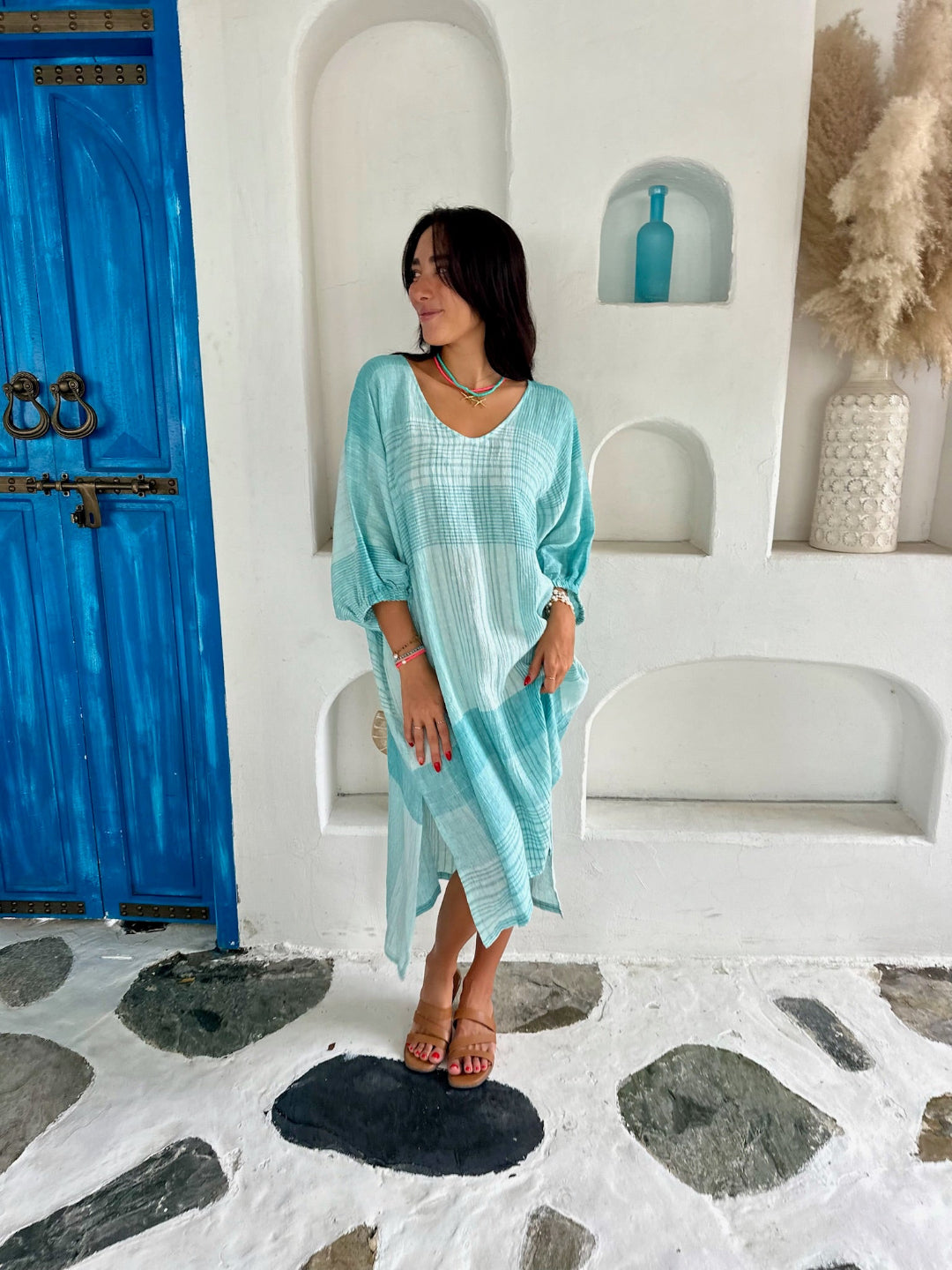 Lola Kaftan Linen - Sea Green Check
