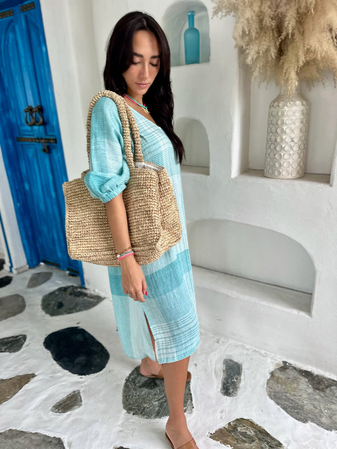 Lola Kaftan Linen - Sea Green Check
