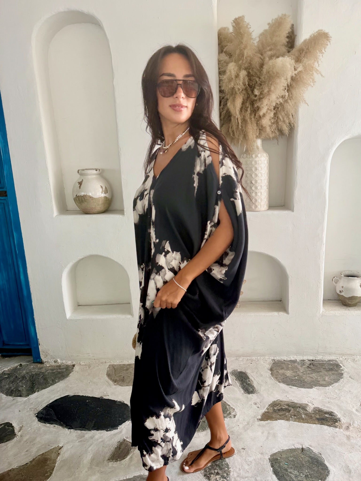 V Neck Kaftan - Black and Grey Tie Dye