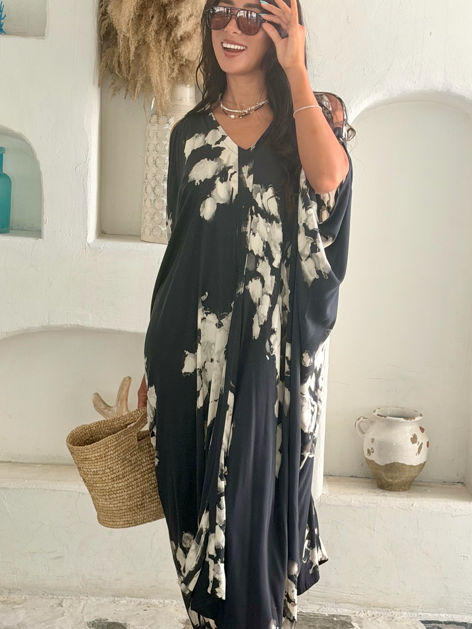 V Neck Kaftan - Black and Grey Tie Dye