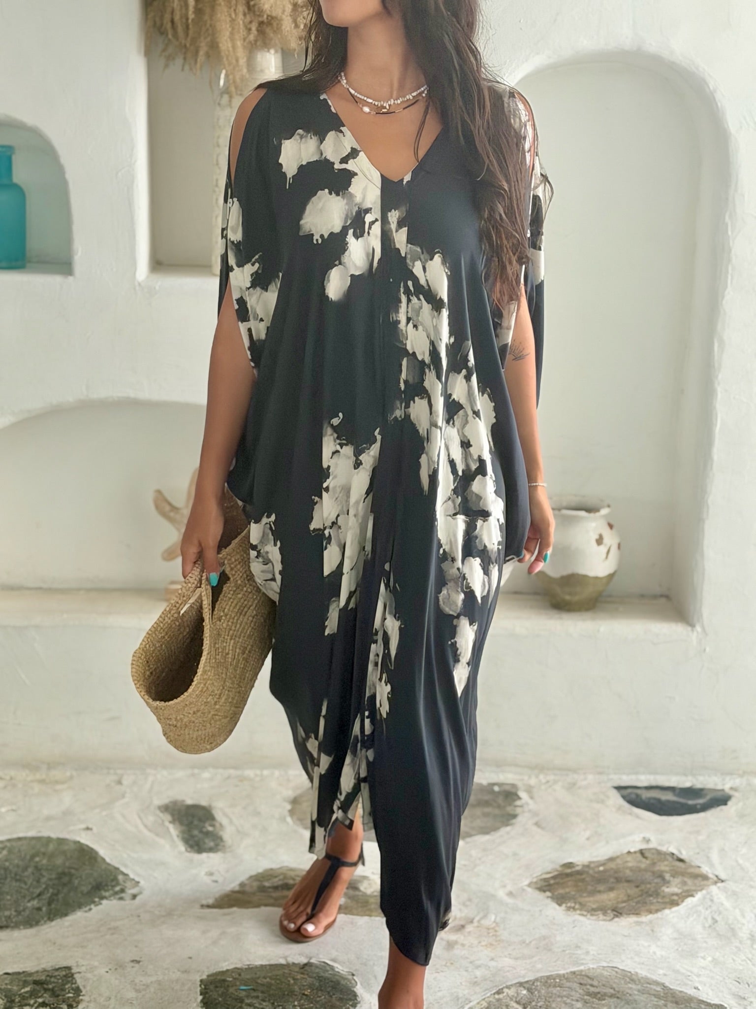 V Neck Kaftan - Black and Grey Tie Dye