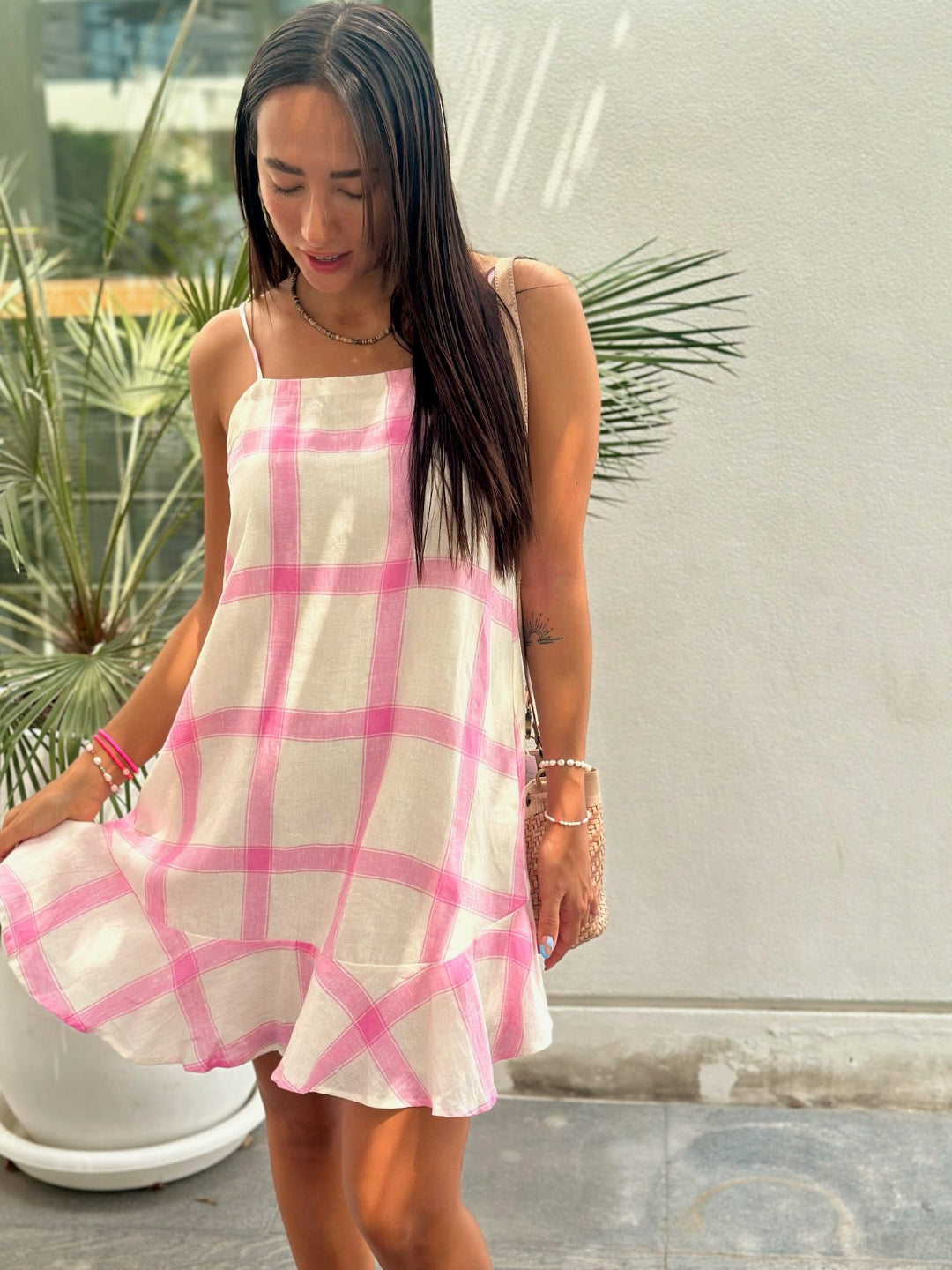 Tilly Dress Cropped Linen - Pink and White Check
