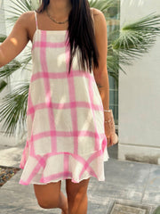 Tilly Dress Cropped Linen - Pink and White Check