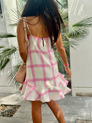 Tilly Dress Cropped Linen - Pink and White Check