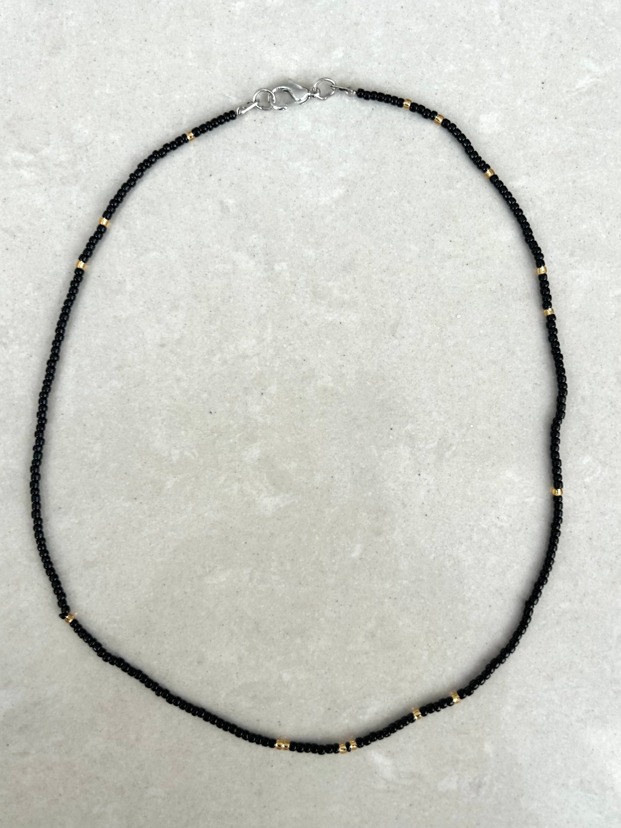 Seed Bead Necklace Short - Black with Gold