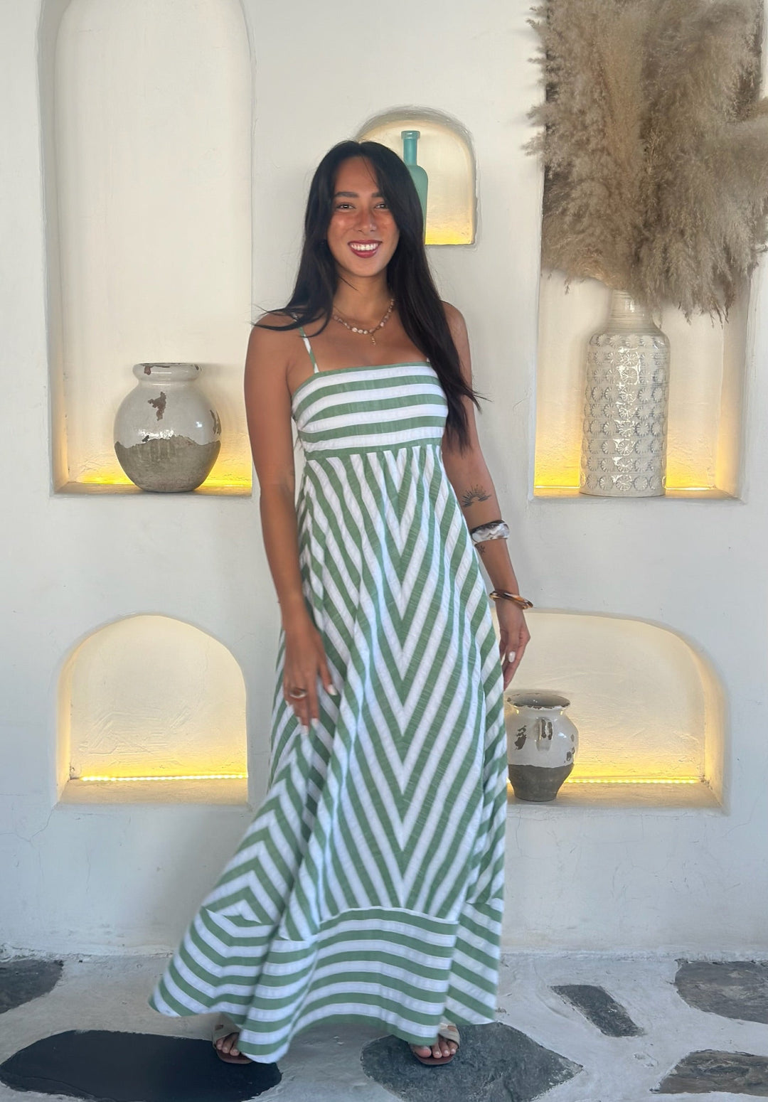 Polly Dress - Green Stripe Seersucker