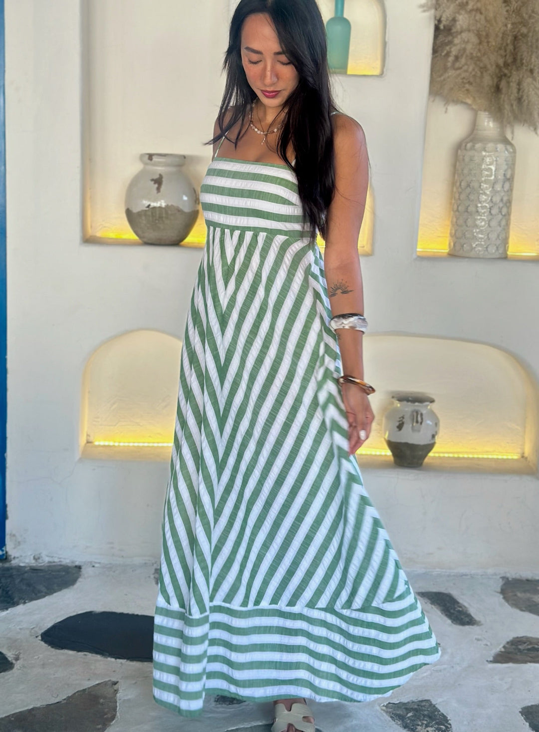 Polly Dress - Green Stripe Seersucker