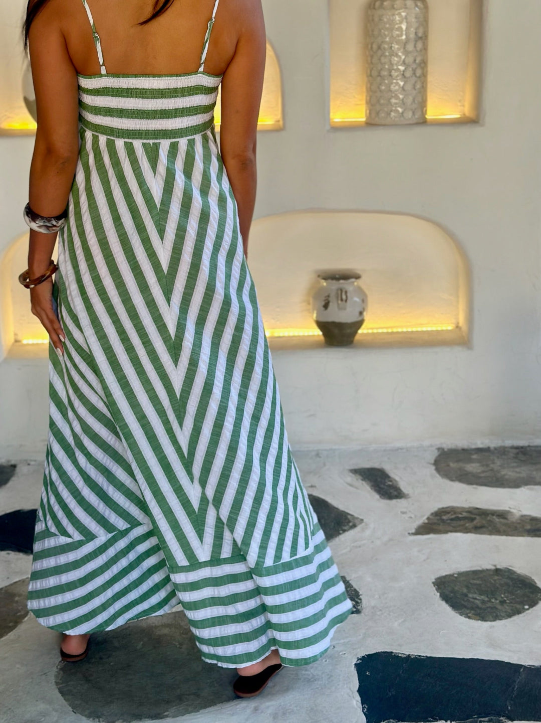 Polly Dress - Green Stripe Seersucker