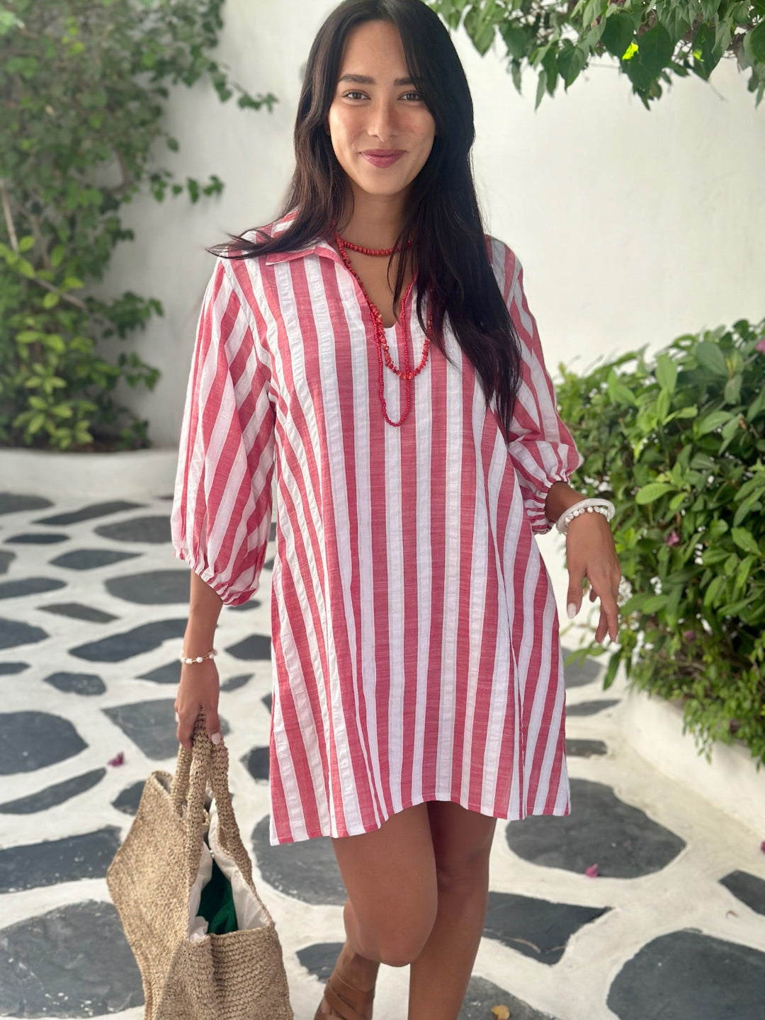Grace Dress Cotton Seersucker - Red Stripe